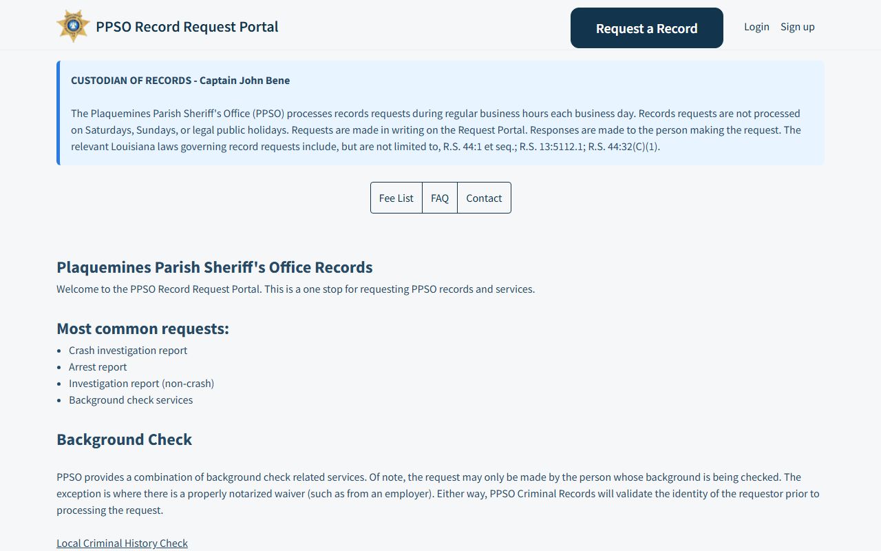 Plaquemines Parish arrest records public records request portal