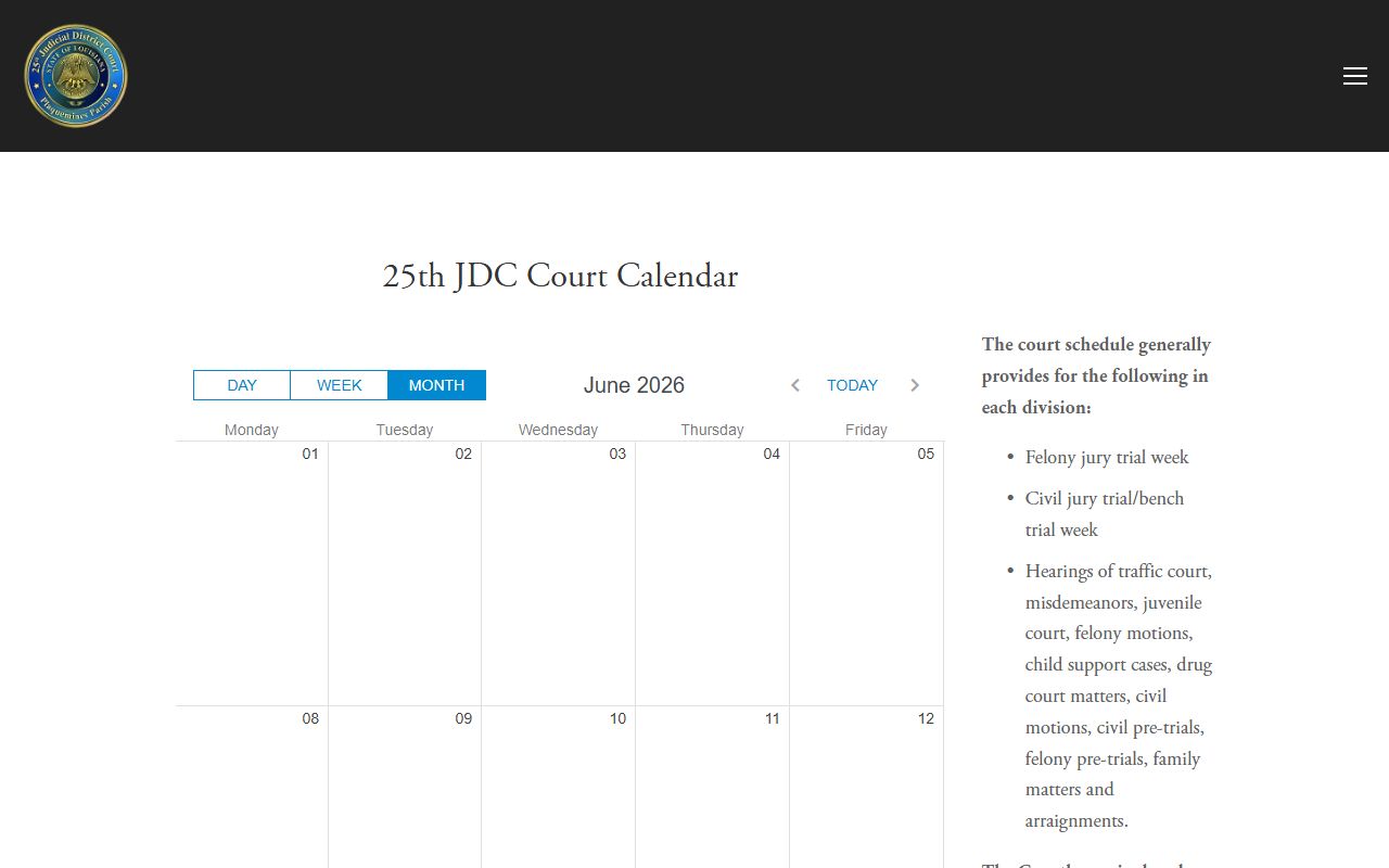 Plaquemines Parish court dockets 25th JDC court calendar