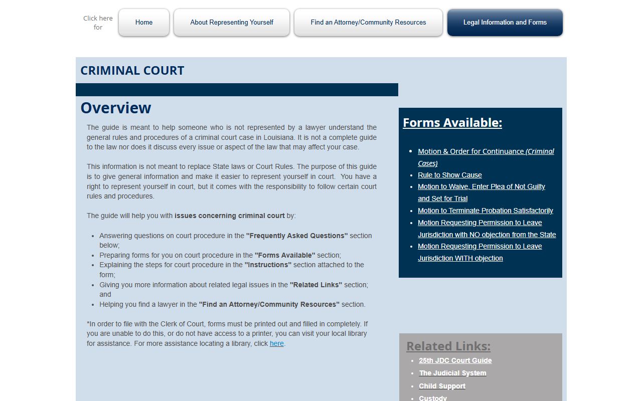 Plaquemines Parish criminal court records self-help criminal procedure
