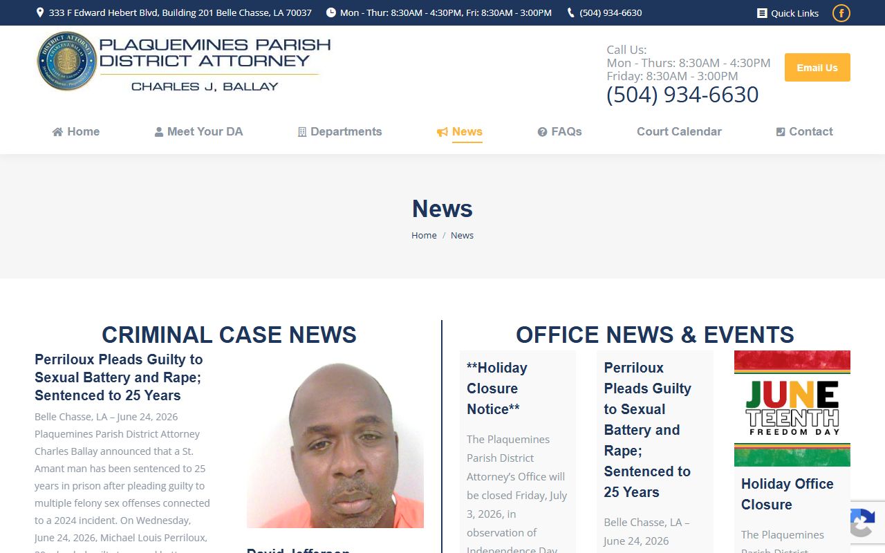 Plaquemines Parish criminal court records district attorney case news
