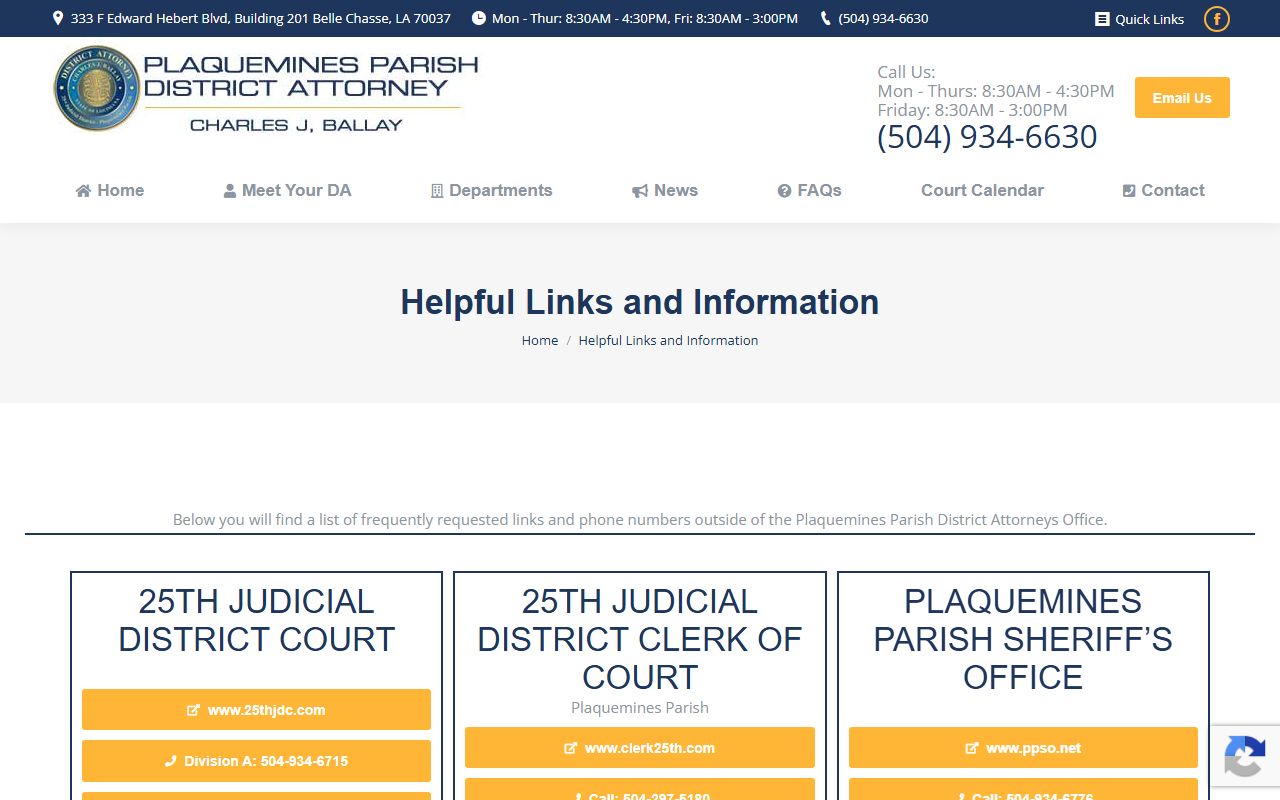 Plaquemines Parish criminal court records district attorney helpful links