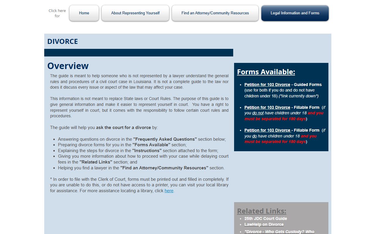Plaquemines Parish divorce records self-help resources