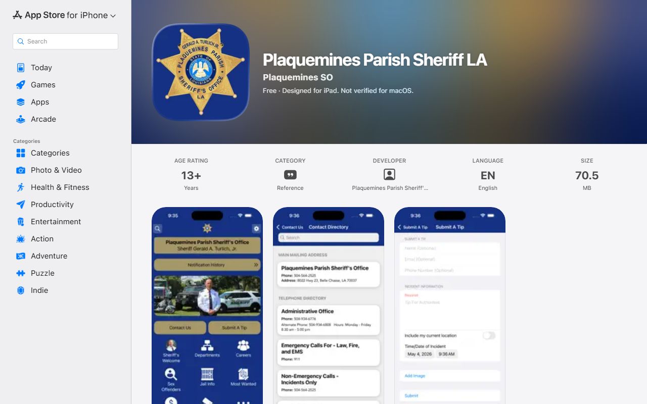 Plaquemines Parish warrant search sheriff app Apple listing